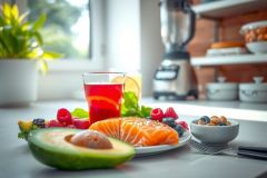 Healthy breakfast scene featuring salmon, avocado, berries, and a glass of juice. Vibrant colors and natural light create a fresh, wellness-focused image.  Ideal for food blogs and healthy eating content.