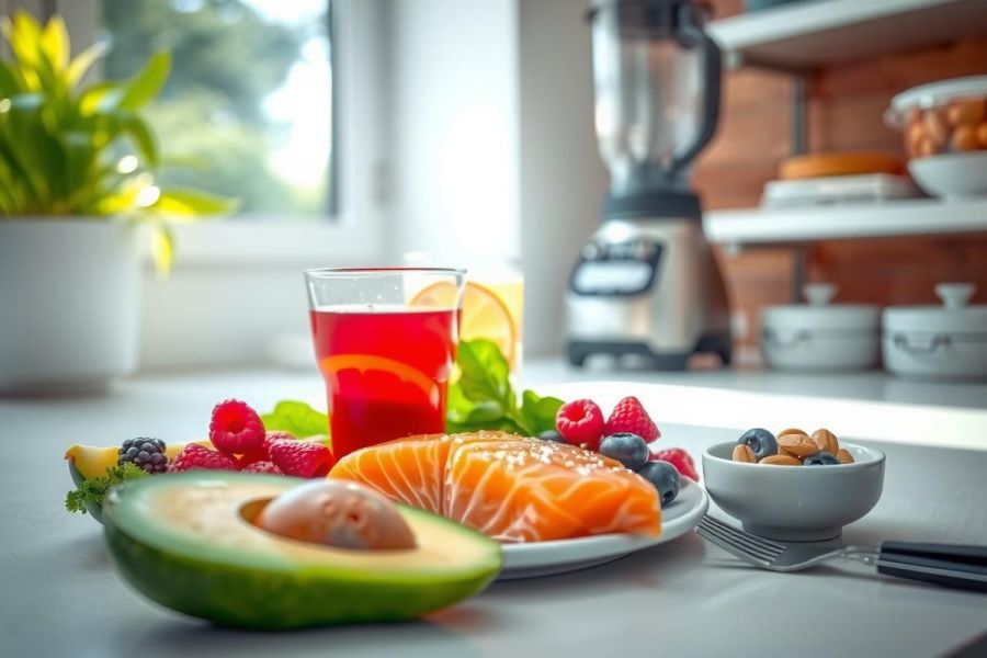 Healthy breakfast scene featuring salmon, avocado, berries, and a glass of juice. Vibrant colors and natural light create a fresh, wellness-focused image.  Ideal for food blogs and healthy eating content.