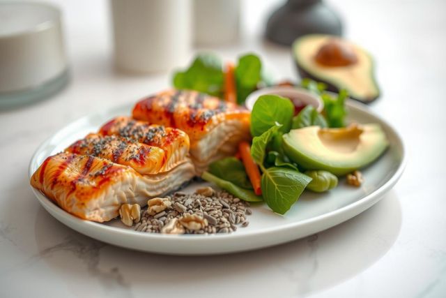 Grilled salmon dish with avocado, greens, and nuts on a plate. Close-up shot showcasing healthy food, vibrant colors and elegant presentation. Perfect for a delicious and nutritious meal.