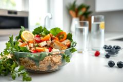 Healthy quinoa salad with fresh vegetables, lemon slices, and blueberries in a glass bowl. Bright, colorful kitchen setting with water glasses, suggesting a nutritious and refreshing meal. Focus on healthy eating and vibrant food photography.