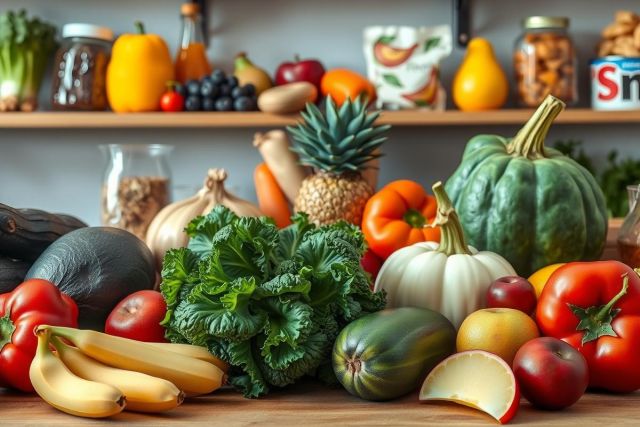 The image showcases a vibrant array of fresh fruits and vegetables displayed on a counter. The produce includes various types such as bananas, tomatoes, squash, and leafy greens like spinach. 
