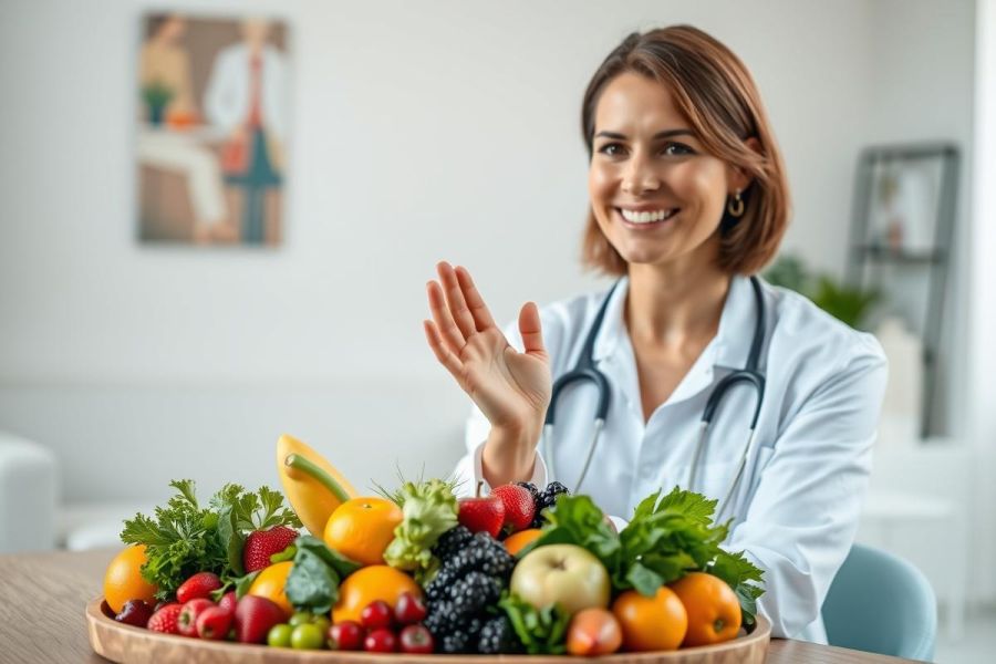 Smiling female doctor in white coat with stethoscope, promoting healthy eating. Colorful assortment of fresh fruits and vegetables displayed on a wooden tray. Focus on nutrition, wellness, and healthy lifestyle concepts. Bright, clean, indoor setting.