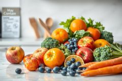 Vibrant, healthy food arrangement featuring apples, oranges, blueberries, broccoli, and carrots. Fresh produce on a marble surface with wooden utensils and a blurred kitchen background. Focus on colorful fruits and vegetables for a healthy eating concept.