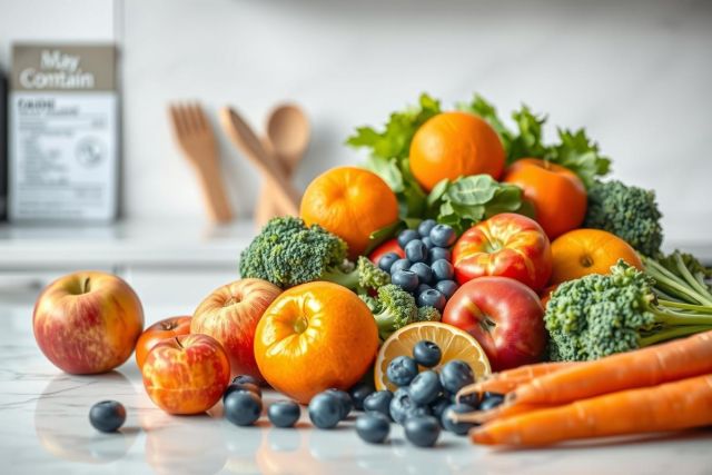Vibrant, healthy food arrangement featuring apples, oranges, blueberries, broccoli, and carrots. Fresh produce on a marble surface with wooden utensils and a blurred kitchen background. Focus on colorful fruits and vegetables for a healthy eating concept.