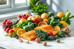 Healthy food still life featuring fresh salmon, vibrant fruits like oranges and apples, leafy greens, and nuts on a white marble countertop. A bright, natural light setting highlights the colorful, nutritious ingredients representing a wholesome diet and healthy lifestyle.