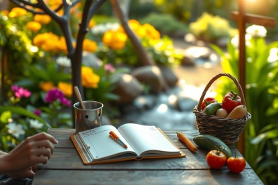 The image depicts a serene garden setting with a person sitting at an outdoor table, engaged in writing. The table is adorned with various objects including fruit, notepads, and writing instruments, suggesting a peaceful retreat or work session in a natural environment.