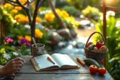 The image depicts a serene garden setting with a person sitting at an outdoor table, engaged in writing. The table is adorned with various objects including fruit, notepads, and writing instruments, suggesting a peaceful retreat or work session in a natural environment.