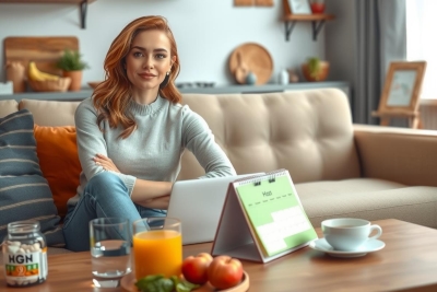The image is a digital creation showcasing a modern living space. The central figure is a young woman with long red hair, sitting on a beige sofa, engrossed in work on her laptop. She wears a white sweater and is surrounded by contemporary furniture, including a coffee table holding a glass of orange juice, a plate of fruit.
