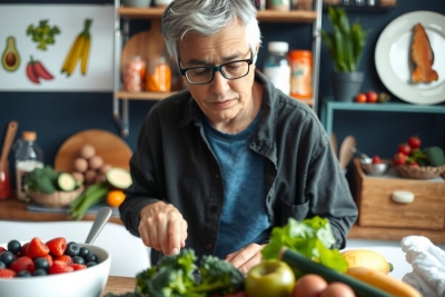 A person in a kitchen, preparing food with fresh vegetables. The individual is standing near a cutting board and knife, surrounded by various ingredients on the countertop. The kitchen has natural light coming through windows and a clean, organized environment.
