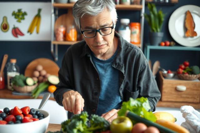 A person in a kitchen, preparing food with fresh vegetables. The individual is standing near a cutting board and knife, surrounded by various ingredients on the countertop. The kitchen has natural light coming through windows and a clean, organized environment.
