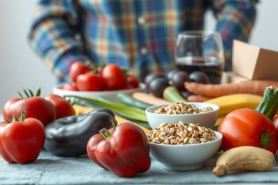 The image shows a person sitting at a table, surrounded by an array of fresh fruits and vegetables. The person is wearing a plaid shirt and appears to be engaged in meal preparation or enjoying a healthy snack. 