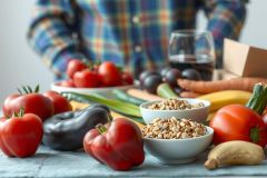 The image shows a person sitting at a table, surrounded by an array of fresh fruits and vegetables. The person is wearing a plaid shirt and appears to be engaged in meal preparation or enjoying a healthy snack. 