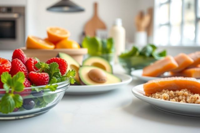 Fresh fruit platter with strawberries, blueberries, avocado, and sliced oranges on white plates. A healthy breakfast or snack on a bright, clean kitchen surface.
