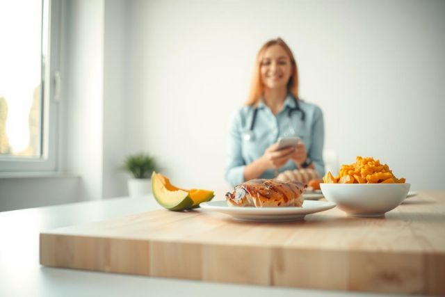 Close-up of breakfast on a wooden board: melon slices, croissants, and a bowl of berries. A person is blurred in the background, suggesting a cozy morning scene.