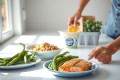 Healthy meal prep featuring grilled salmon and green beans on blue plates. A yogurt cup and herbs are nearby. Bright, natural light and a clean kitchen setting create a fresh, wellness-focused image.