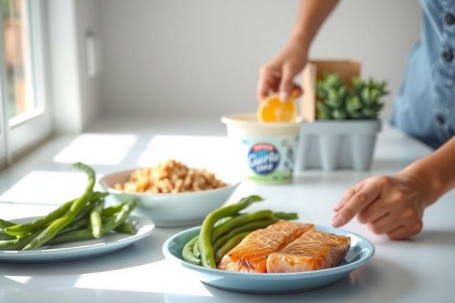 Healthy meal prep featuring grilled salmon and green beans on blue plates. A yogurt cup and herbs are nearby. Bright, natural light and a clean kitchen setting create a fresh, wellness-focused image.