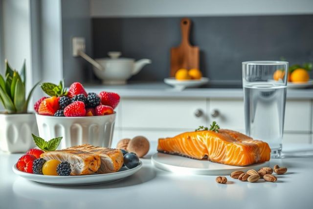 Seared salmon with fresh berries and almonds on a white plate. A bright and healthy meal displayed on a white countertop, with a minimalist kitchen background.