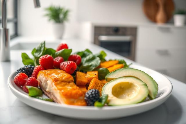 Healthy salmon bowl with roasted sweet potatoes, avocado, berries, and greens. A vibrant, nutritious meal on a white marble surface, showcasing fresh ingredients.