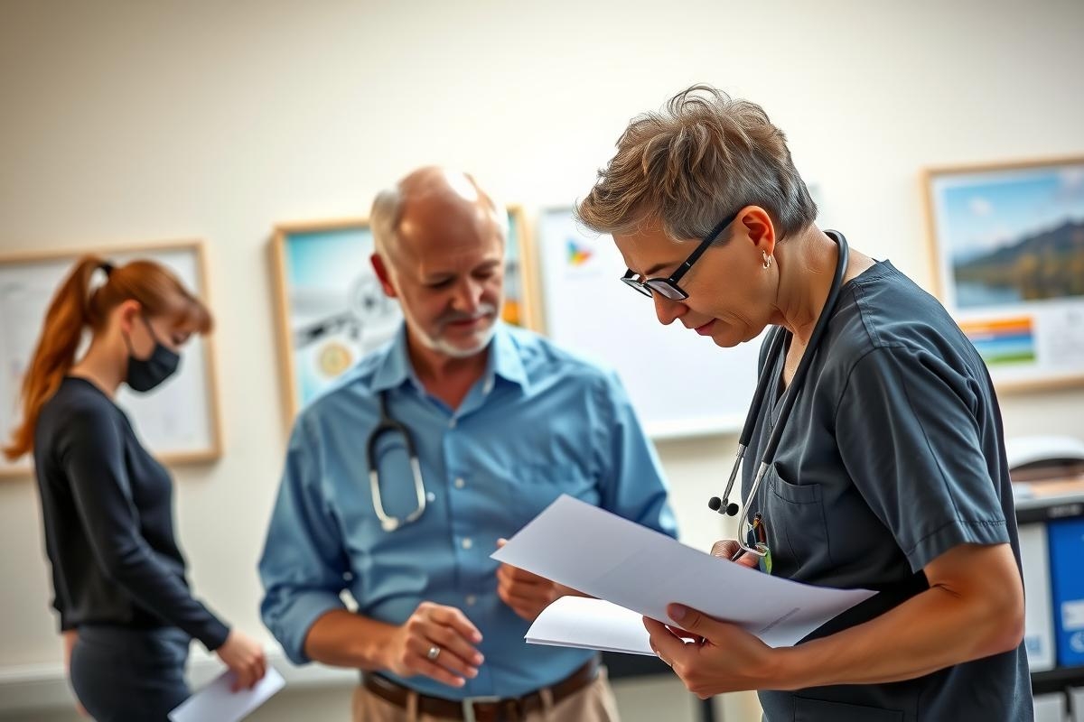 The image depicts a professional medical setting with two individuals engaged in discussion. The person on the right appears to be a doctor, identifiable by their stethoscope and attire.