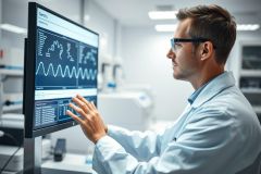 Scientist in a modern lab analyzing genetic data on a monitor. The man wearing glasses and a lab coat is focused on the blue-lit screen displaying complex waveforms and graphs. The clean, bright environment suggests a biotechnology or research setting. Keywords: science, lab, genetics, data, research, technology.