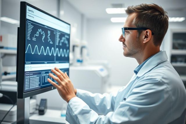 Scientist in a modern lab analyzing genetic data on a monitor. The man wearing glasses and a lab coat is focused on the blue-lit screen displaying complex waveforms and graphs. The clean, bright environment suggests a biotechnology or research setting. Keywords: science, lab, genetics, data, research, technology.