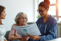 Healthcare professional reviewing documents with an elderly patient. Medical consultation scene, focused on patient care and communication. Blue scrubs, eyeglasses, bright room. Medical care concept.