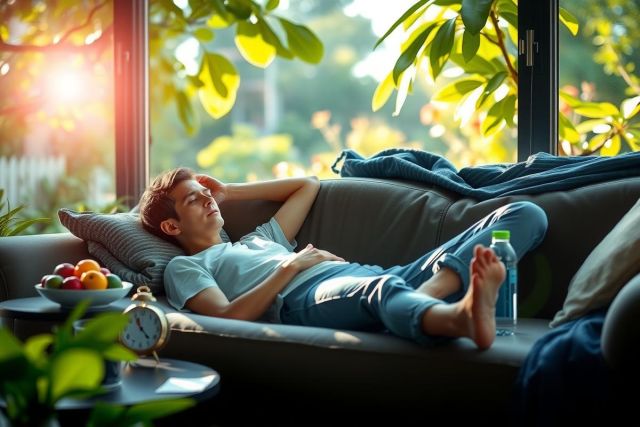 The image portrays a tranquil indoor setting with a young man lounging on a couch. He is dressed casually in blue jeans, enjoying a moment of relaxation with his feet propped up on the couch.