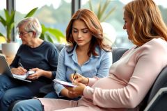 The image depicts a professional setting with three women having a discussion. All three are seated. They all appear to be focused on the discussion at hand. The room has a modern, relaxed ambiance that evokes an office environment, with plants and a large window.