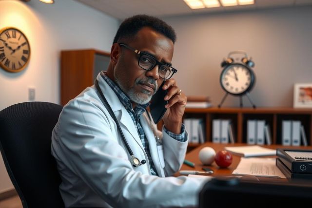 In the image, there is a professional man dressed in a white coat and glasses, seated at a desk. He appears to be a doctor or healthcare professional engaged in work on his computer. The environment suggests an office setting with typical elements like a clock, papers, and a phone. The color palette is a mix of neutral tones with the man's white coat standing out as indicative of his profession.