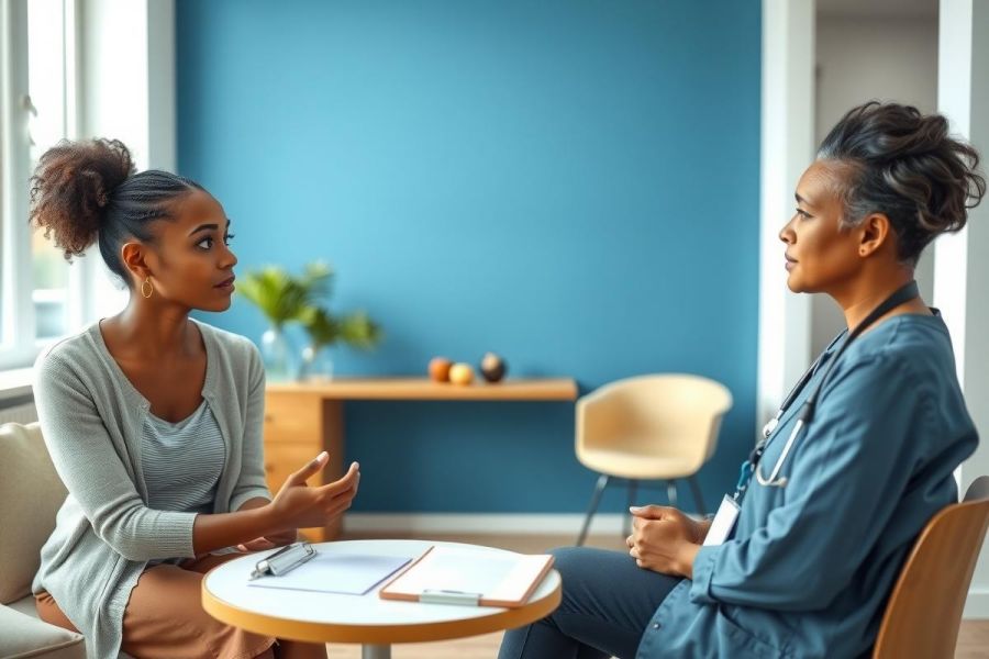 Doctor consults with patient in a modern office setting. Warm lighting, blue walls, and a comfortable atmosphere create a welcoming environment for the healthcare discussion.