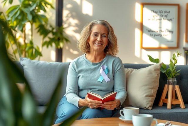 The image shows a woman sitting on a couch in what appears to be a cozy living room. She is holding a book and has a warm smile on her face, suggesting she might be enjoying reading or is posing for the photo. The room has natural light coming through a window, indicating it's daytime.