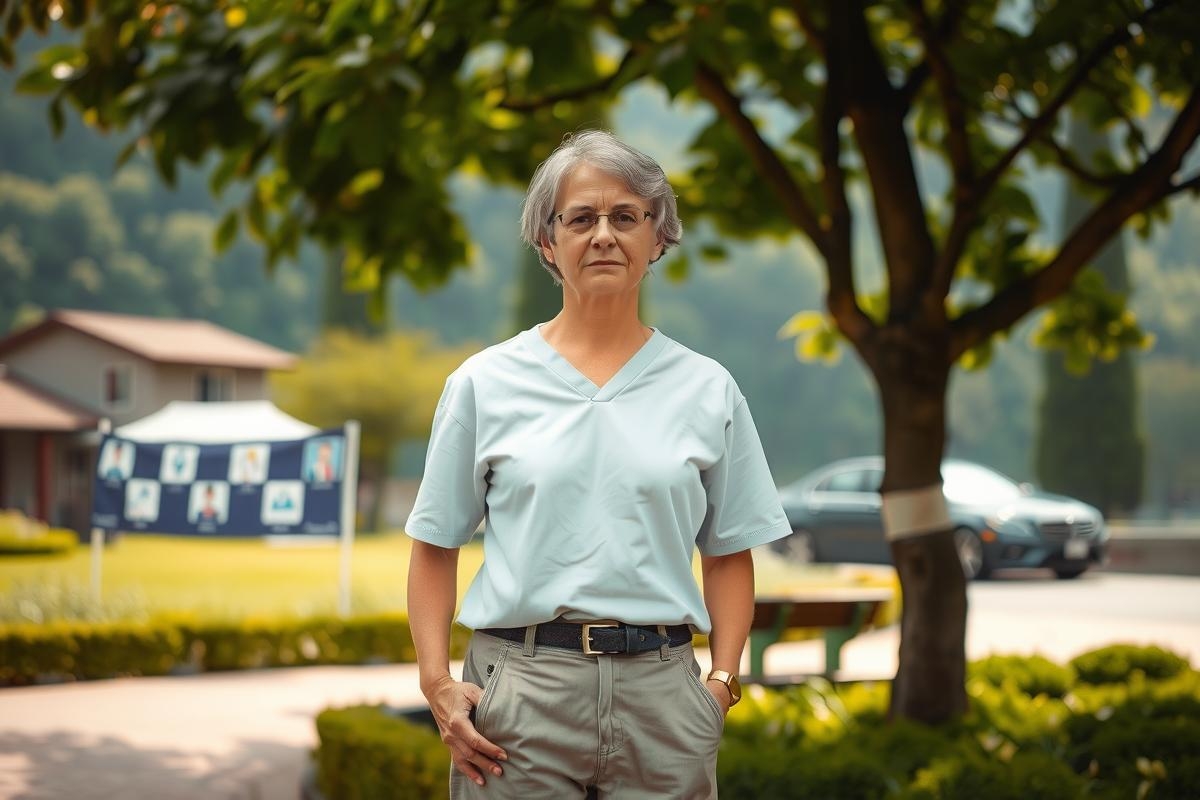 In the image, there is a woman standing on a paved area. She appears to be wearing a light blue shirt and khaki pants. Behind her, there are trees that suggest she might be in a park or garden setting. There's also some text visible in the background which could provide context if it were readable.