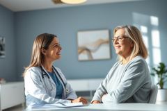 Doctor and patient in a bright, modern medical office. A smiling female doctor consults with a mature woman wearing glasses. Blue walls and natural light create a welcoming healthcare environment. Focus on health, wellness and patient care.
