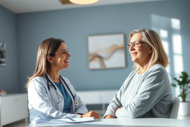 Doctor and patient in a bright, modern medical office. A smiling female doctor consults with a mature woman wearing glasses. Blue walls and natural light create a welcoming healthcare environment. Focus on health, wellness and patient care.