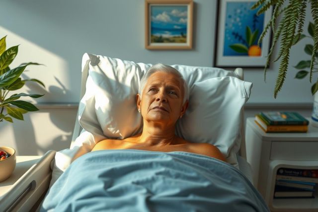 The image shows an older man lying in a hospital bed. He is wearing only the top of his hospital gown, which leaves him exposed from the waist down. The man has a serious expression on his face and appears to be looking directly at the viewer. In the background, there's a potted plant and artwork on the wall. The room is well lit, suggesting it could be a bright day outside.