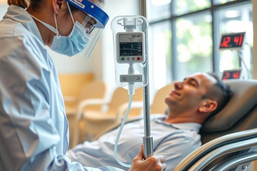 Healthcare professional administers IV drip to patient in a clinic setting. Protective gear and medical equipment visible. Focus on patient care and medical treatment.