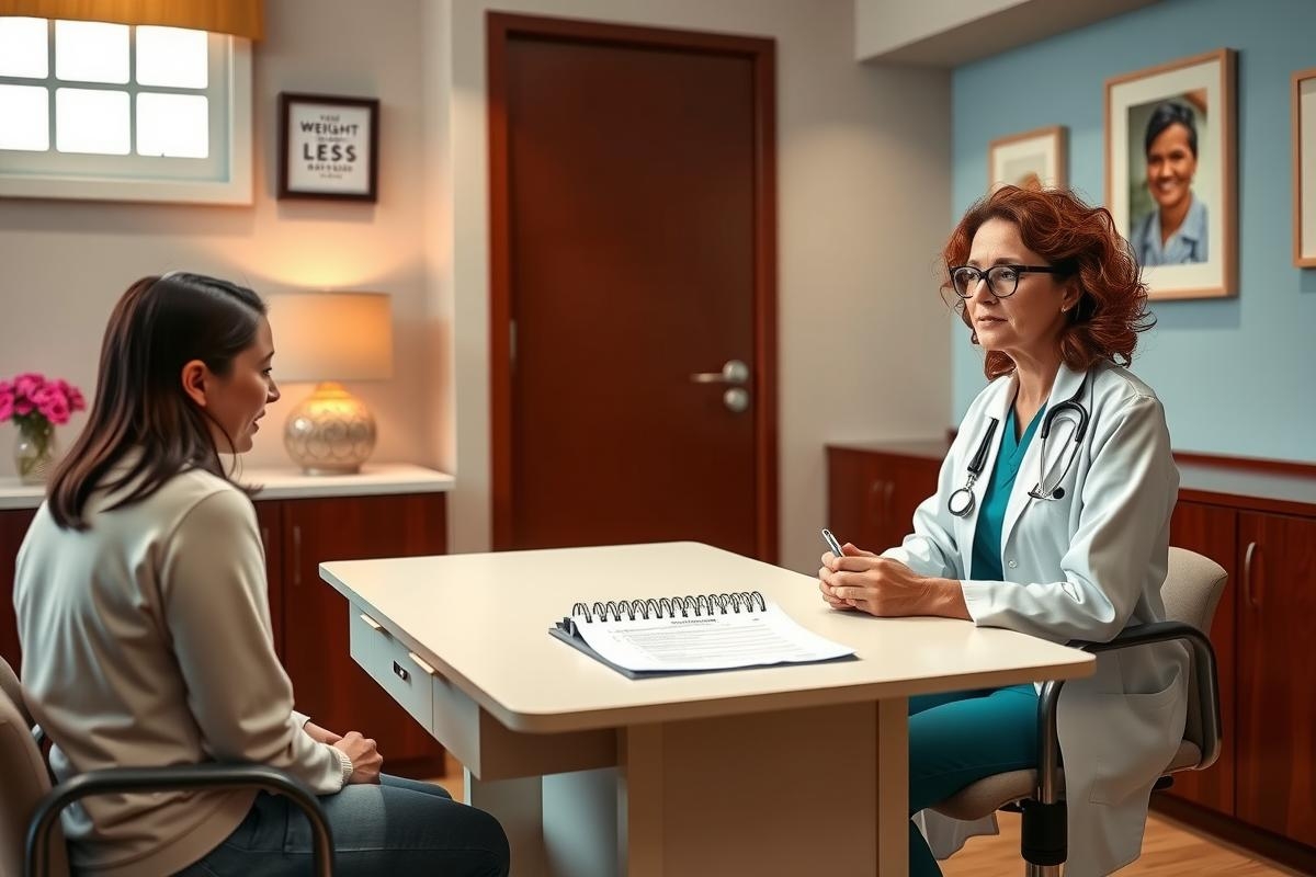 The image shows a medical office setting. There is a female patient seated at a desk and talking to a female doctor who is standing beside the desk. The doctor is wearing a white coat, indicating her professional status as a healthcare provider. On the wall in the background there are framed pictures of other individuals, likely family members or colleagues. The office has a warm ambiance with wood accents and bright lighting.