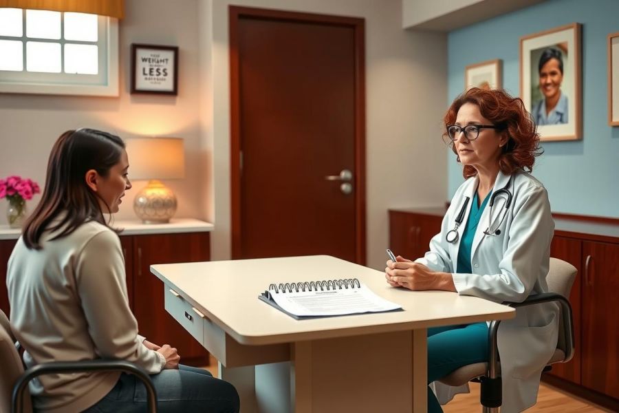 The image shows a medical office setting. There is a female patient seated at a desk and talking to a female doctor who is standing beside the desk. The doctor is wearing a white coat, indicating her professional status as a healthcare provider. On the wall in the background there are framed pictures of other individuals, likely family members or colleagues. The office has a warm ambiance with wood accents and bright lighting.