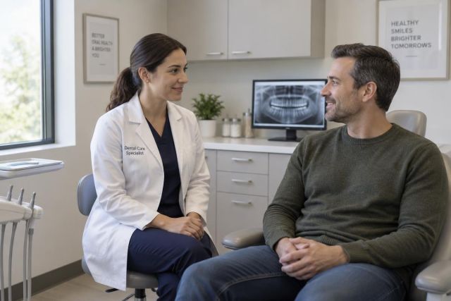 Dentist speaking calmly with seated patient in a dental exam room, X-ray visible.