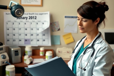 A female doctor, wearing a white coat and stethoscope, seated at her office desk reading medical documents while surrounded by typical clinical supplies.