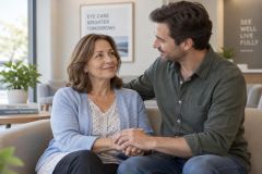 Patient sitting in eye clinic with supportive companion holding her hands, calm waiting area.