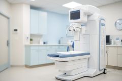 Modern white medical diagnostic equipment, such as a bone density scanner, positioned in a bright, clean healthcare clinic. The sterile environment features light blue cabinetry, white countertops, and a professional medical office setting. The advanced machine includes a digital display screen and a patient examination bed, illuminated by soft, bright lighting.