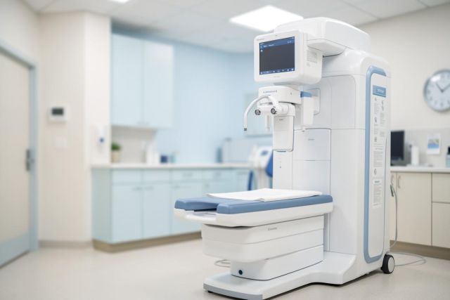 Modern white medical diagnostic equipment, such as a bone density scanner, positioned in a bright, clean healthcare clinic. The sterile environment features light blue cabinetry, white countertops, and a professional medical office setting. The advanced machine includes a digital display screen and a patient examination bed, illuminated by soft, bright lighting.