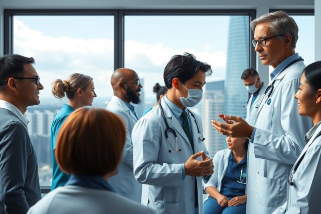 The image depicts a professional setting with multiple individuals dressed in white lab coats, indicative of medical professionals. They are engaged in discussion around a table which is set against a city skyline backdrop.