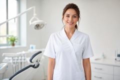 Smiling dental clinician in white scrubs standing in a clean dental exam room.