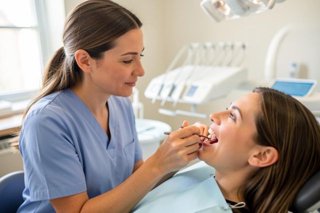 Dental clinician in scrubs examining a patient's teeth with a mirror and explorer during a chairside consultation.