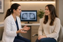 Dentist discussing full-mouth rehabilitation consultation with patient, panoramic X-ray visible on monitor.