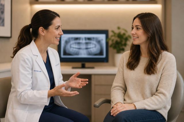 Dentist discussing full-mouth rehabilitation consultation with patient, panoramic X-ray visible on monitor.