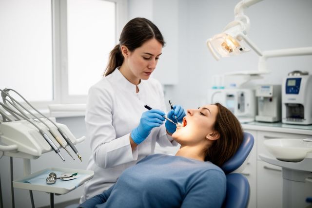 Dentist in gloves examining a patient's open mouth with a mirror and probe during an oral assessment in clinic.