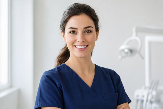 Smiling dental hygienist in clinic, standing by dental chair and overhead light.
